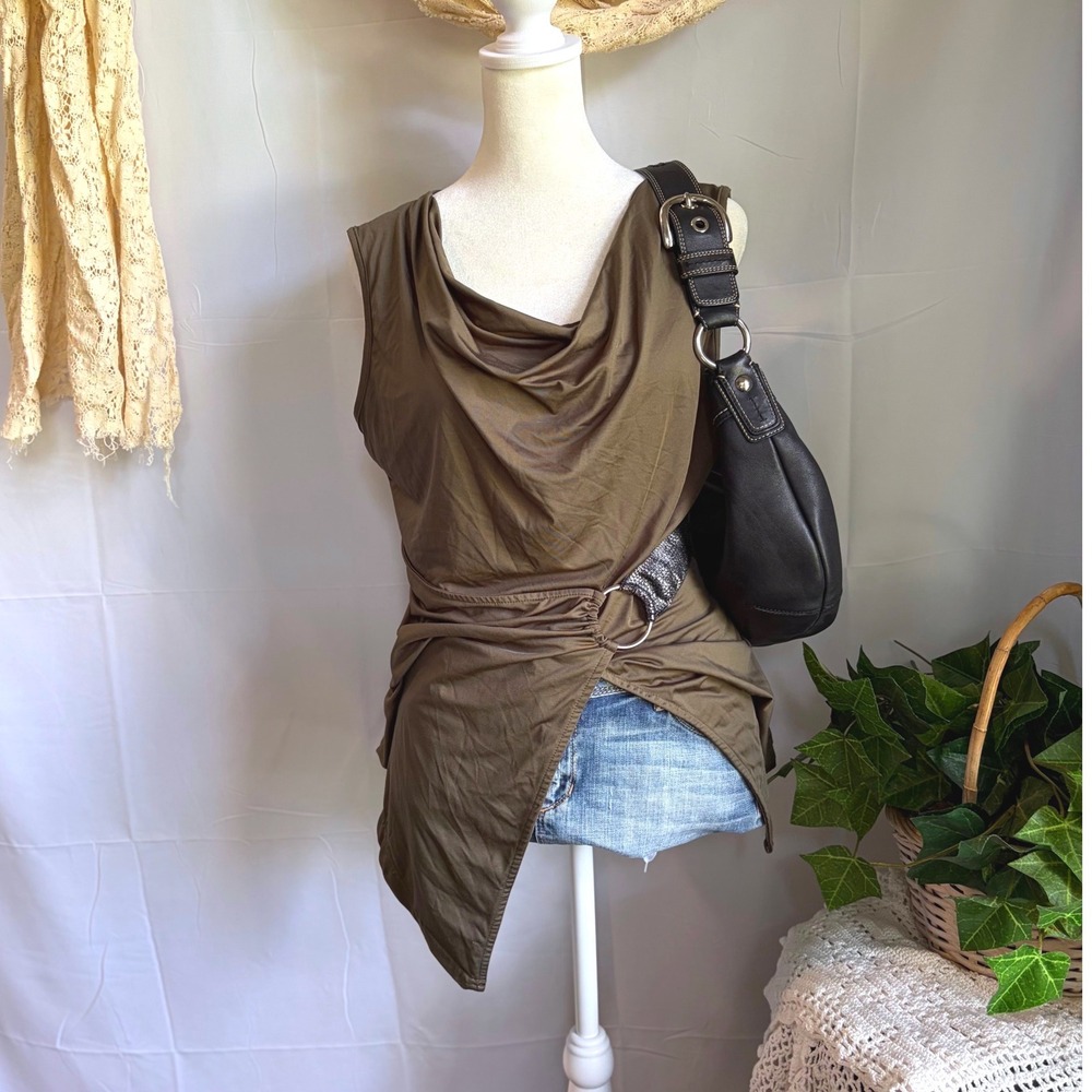 Subversive Y2K Grunge Olive Green Cowl Neck Asymmetrical O-Ring Draped Top L